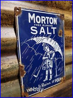 Vintage Morton Salt Porcelain Sign Old General Store Food Kitchen Girl Grocery