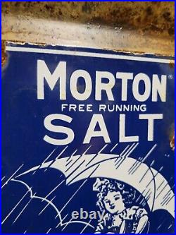 Vintage Morton Salt Porcelain Sign Old General Store Food Kitchen Girl Grocery