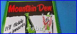 Vintage Mountain Dew Porcelain Gas Soda Beverage Bottles Service Pump Plate Sign
