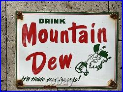 Vintage Mountain Dew Porcelain Soda Sign Store Soft Drink Cola Beverage Gas Oil