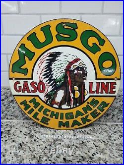 Vintage Musgo Porcelain Sign Motor Oil Gas Station Service Pump Plate Mile Maker
