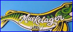 Vintage Muskie Lager Porcelain Beer Store Sales Gas Service Pump Fish Wall Sign
