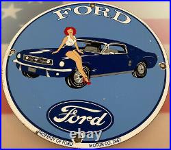 Vintage Mustang Fast Back Porcelain Pin Up Sign Gas Oil Dealership Ford Motors