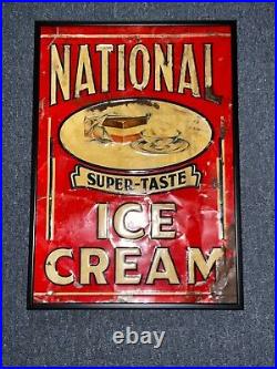 Vintage National Ice Cream Embedded Tin Advertising Sign 19 X 27