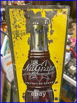 Vintage NuGrape Soda Bottle Metal Tin Tacker Sign 14 X 5 COLA GAS OIL