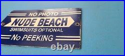 Vintage Nude Beach Porcelain Gas Service Station Pump No Peeking Warning Sign