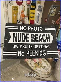 Vintage Nude Beach Porcelain Sign Gas Pump Station