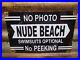 Vintage-Nude-Beach-Porcelain-Sign-Old-No-Photos-Swimsuit-Optional-Ocean-Park-Sea-01-wx