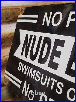 Vintage Nude Beach Porcelain Sign Old No Photos Swimsuit Optional Ocean Park Sea
