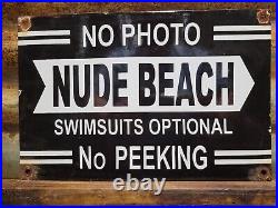 Vintage Nude Beach Porcelain Sign Old No Photos Swimsuit Optional Ocean Park Sea