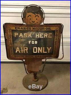 Vintage ORIGINAL EN-AR-CO Motor Oil WHITE ROSE Gasoline Sign & STAND OLD Gas