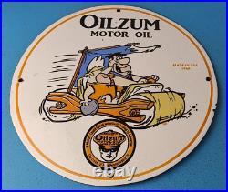 Vintage Oilzum Gasoline Sign Flintstones Cave Man Porcelain Gas Pump Sign