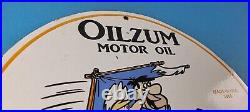 Vintage Oilzum Gasoline Sign Flintstones Cave Man Porcelain Gas Pump Sign