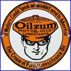 Vintage Oilzum Motor Oil Porcelain Sign Metal White & Bagley USA Gas Station Vintage Oilzum Motor Oil Porcelain Sign Metal White & Bagley USA Gas Station
