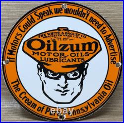 Vintage Oilzum Motor Oil Porcelain Sign Metal White & Bagley USA Gas Station Vintage Oilzum Motor Oil Porcelain Sign Metal White & Bagley USA Gas Station