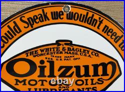 Vintage Oilzum Motor Oil Porcelain Sign Metal White & Bagley USA Gas Station