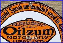 Vintage Oilzum Motor Oil Porcelain Sign Metal White & Bagley USA Gas Station Vintage Oilzum Motor Oil Porcelain Sign Metal White & Bagley USA Gas Station
