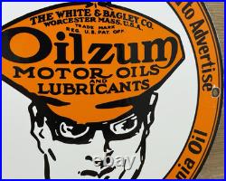 Vintage Oilzum Motor Oil Porcelain Sign Metal White & Bagley USA Gas Station