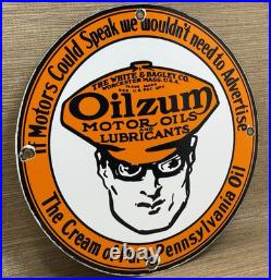 Vintage Oilzum Motor Oil Porcelain Sign Metal White & Bagley USA Gas Station