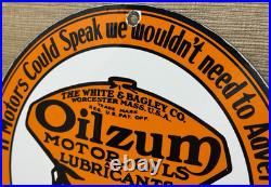 Vintage Oilzum Motor Oil Porcelain Sign Metal White & Bagley USA Gas Station