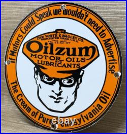 Vintage Oilzum Motor Oil Porcelain Sign Metal White & Bagley USA Gas Station Vintage Oilzum Motor Oil Porcelain Sign Metal White & Bagley USA Gas Station