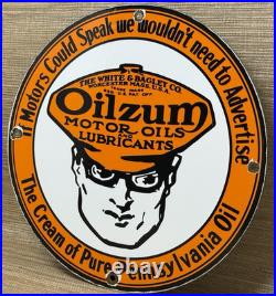 Vintage Oilzum Motor Oil Porcelain Sign Metal White & Bagley USA Gas Station