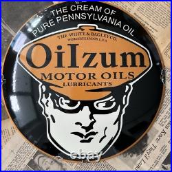 Vintage Oilzum Motor Oils Pennsylvania 12 Inch Convex Porcelain Enamel Sign
