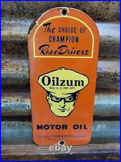 Vintage Oilzum Porcelain Sign 1962 Old Motor Oil White Bagley Company Door Push