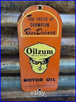 Vintage Oilzum Porcelain Sign 1962 Old Motor Oil White Bagley Company Door Push