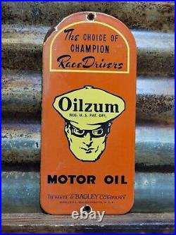 Vintage Oilzum Porcelain Sign 1962 Old Motor Oil White Bagley Company Door Push