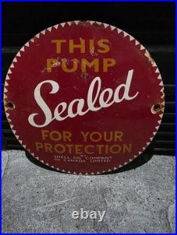 Vintage Old Shell This Pump Sealed Porcelain Gas Station Pump Door Dome Sign 6