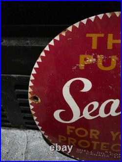 Vintage Old Shell This Pump Sealed Porcelain Gas Station Pump Door Dome Sign 6