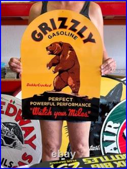 Vintage Old Style Sign Grizzly Gasoline NOT Porcelain Made in USA