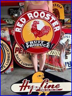Vintage Old Style Sign Red Rooster Produce NOT Porcelain Made in USA 30x30