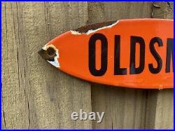 Vintage Oldsmobile Porcelain Sign Rockets Car Dealer Pontiac Gas Oil Garage Shop