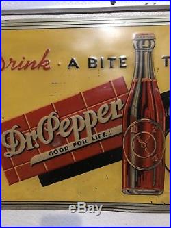 Vintage Original 1930's Dr. Pepper Embossed Metal Store Sign Drink a Bite to Eat