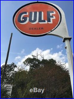 Vintage Original 6Gulf Gas Station Porcelain Sign with frame and Pole