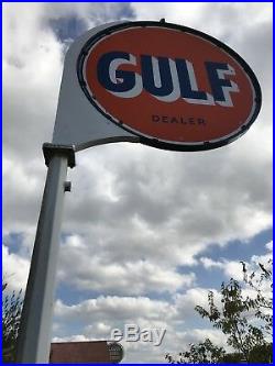 Vintage Original 6Gulf Gas Station Porcelain Sign with frame and Pole