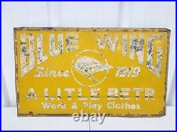 Vintage Original Blue Wing Work & Play Clothes Sign Gas Oil Soda Farm Feed Seed