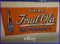 Vintage Original Drink Fruit-Ola Beverages Embossed Tin Litho Advertising Sign