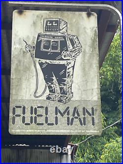 Vintage Original Fuelman Gas Station Doublesided Metal Sign Robot & Bracket