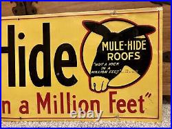 Vintage Original Tin Mule-Hide Roofs Advertising Sign Embossed