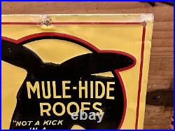 Vintage Original Tin Mule-Hide Roofs Advertising Sign Embossed