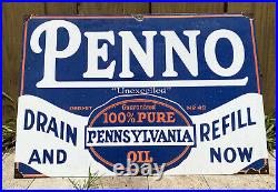 Vintage PENNO Porcelain Sign Pennsylvania Motor Oil Service Auto Parts 28 Gas