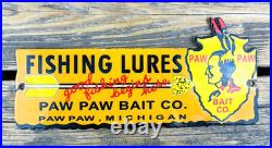 Vintage Paw Paw Bait Co. Fishing Lures Oil Gasoline Porcelain Advertising Sign