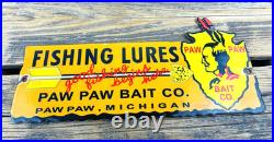 Vintage Paw Paw Bait Co. Fishing Lures Oil Gasoline Porcelain Advertising Sign