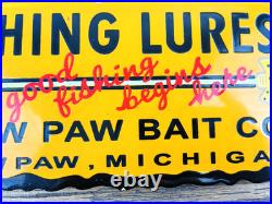 Vintage Paw Paw Bait Co. Fishing Lures Oil Gasoline Porcelain Advertising Sign