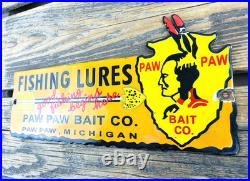 Vintage Paw Paw Bait Co. Fishing Lures Oil Gasoline Porcelain Advertising Sign Vintage Paw Paw Bait Co. Fishing Lures Oil Gasoline Porcelain Advertising Sign