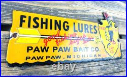 Vintage Paw Paw Bait Co. Fishing Lures Oil Gasoline Porcelain Advertising Sign