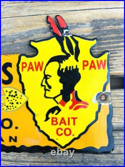 Vintage Paw Paw Bait Co. Fishing Lures Oil Gasoline Porcelain Advertising Sign